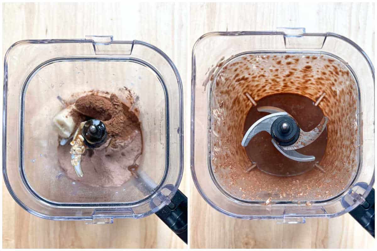 process shot of adding the baked oats ingredients in the blender and blending.