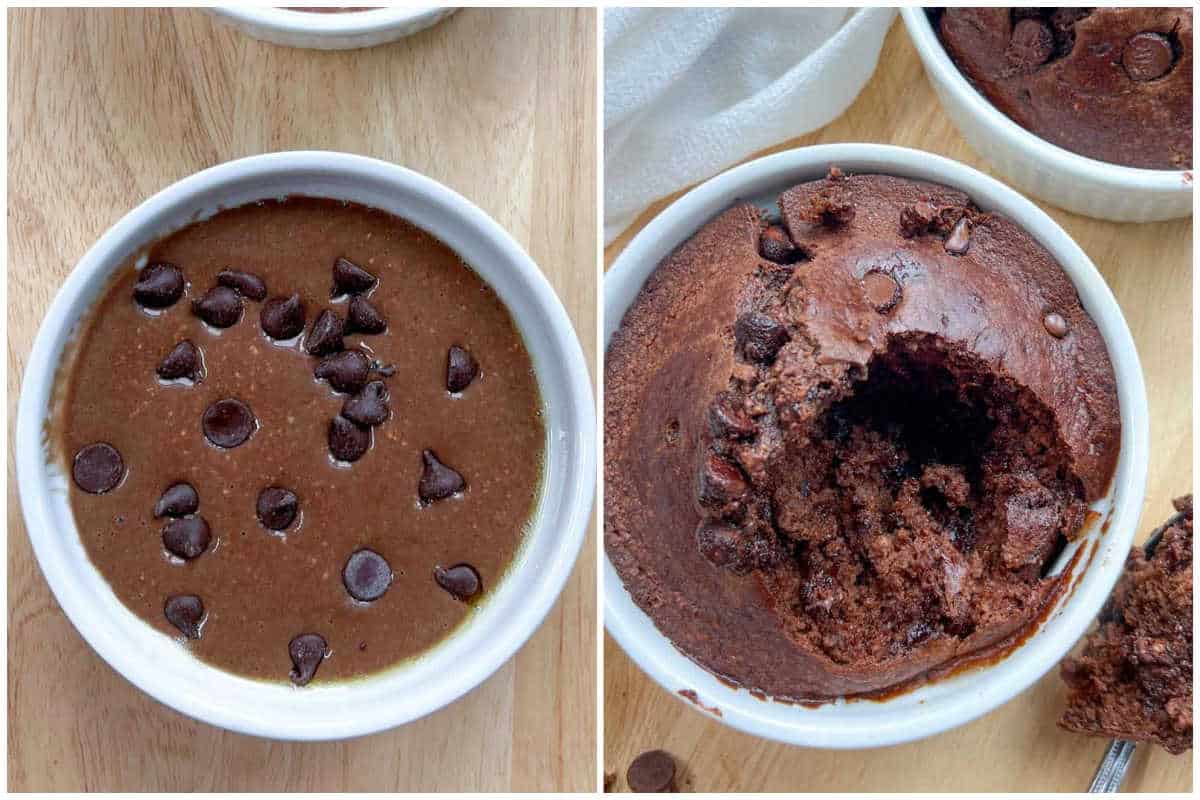 process shot of adding the batter in a ramekin and baking.
