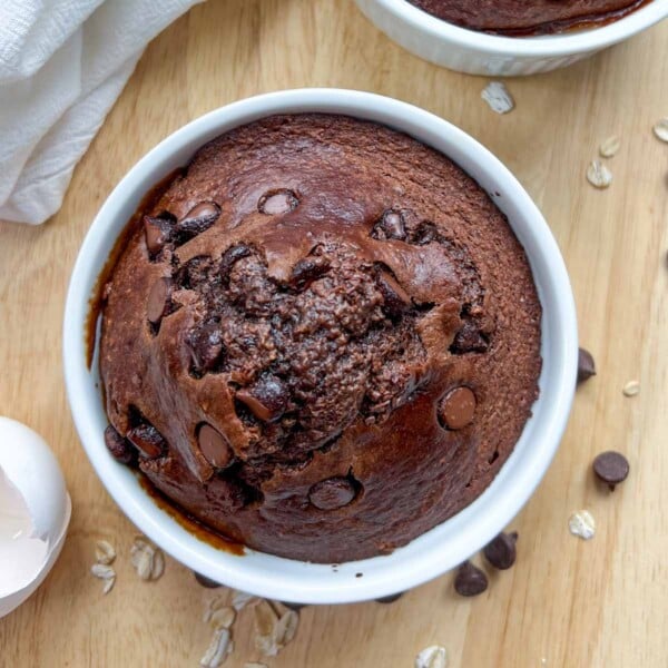 chocolate baked oats in a round white ramekin.