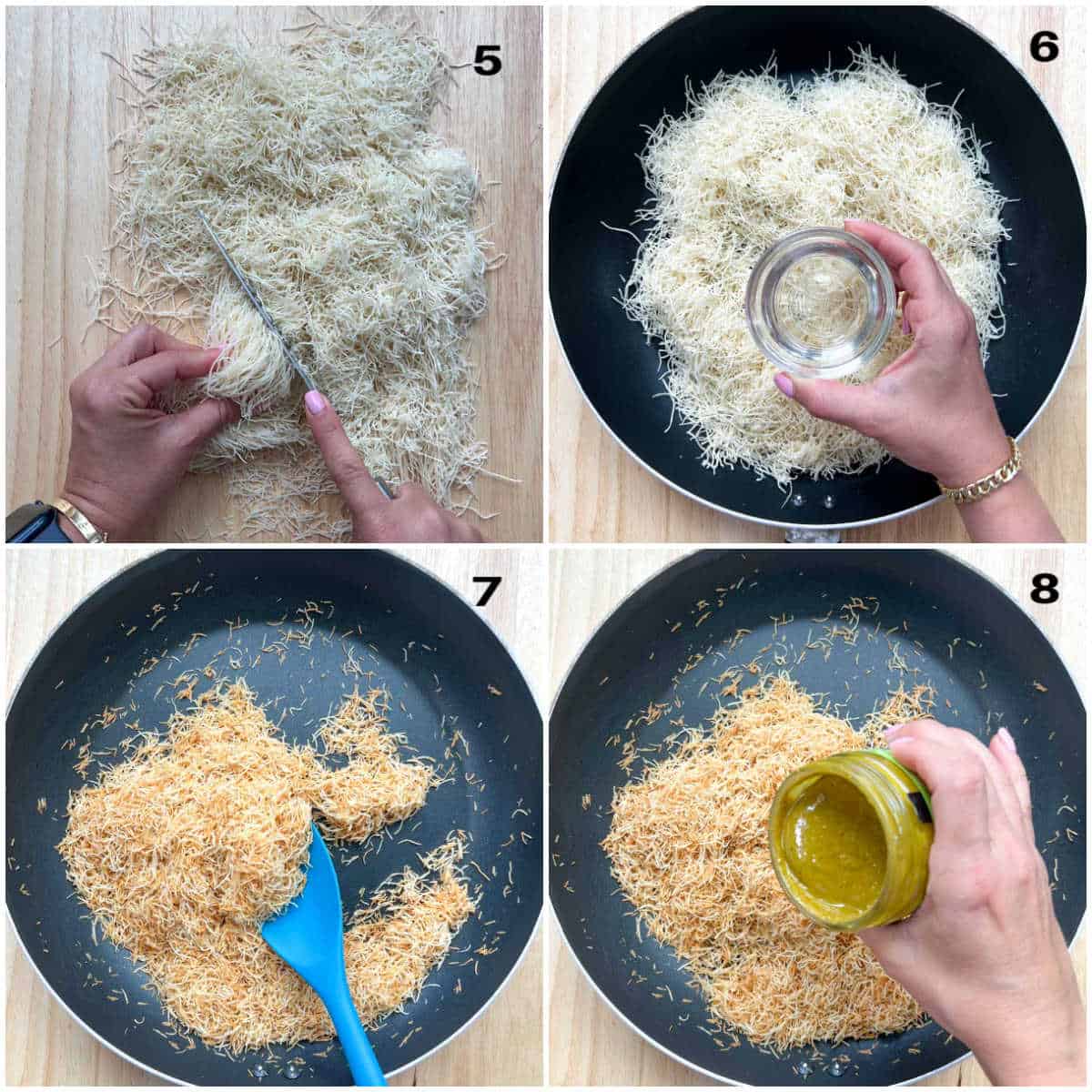 collage process to show cooking the kataifi in a pan and adding the pistachio butter.