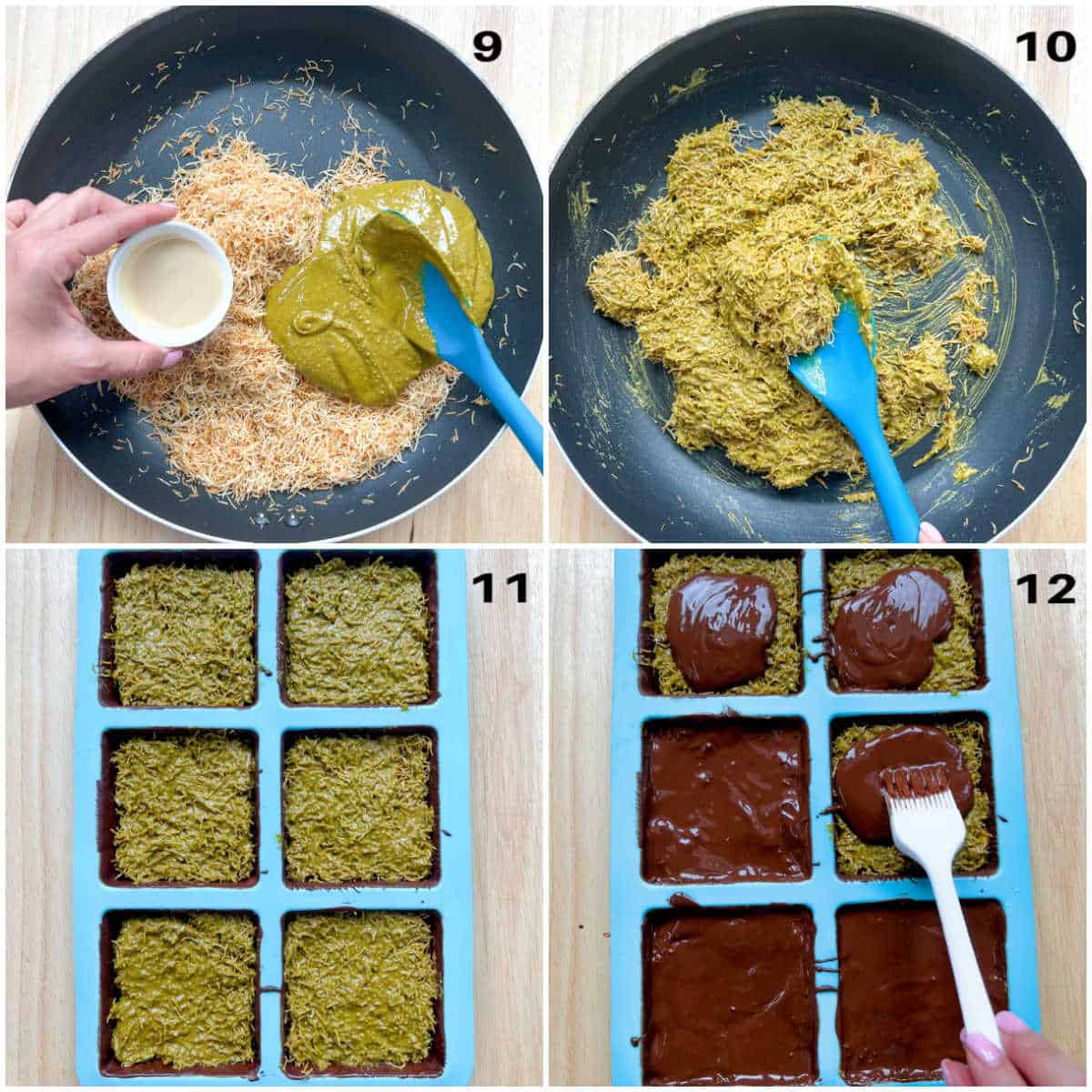 collage showing the process of making the pistachio filling for the chocolate bar.