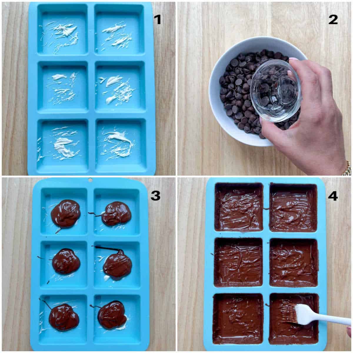 collage to show the process of adding melted chocolate to a silicone mold.