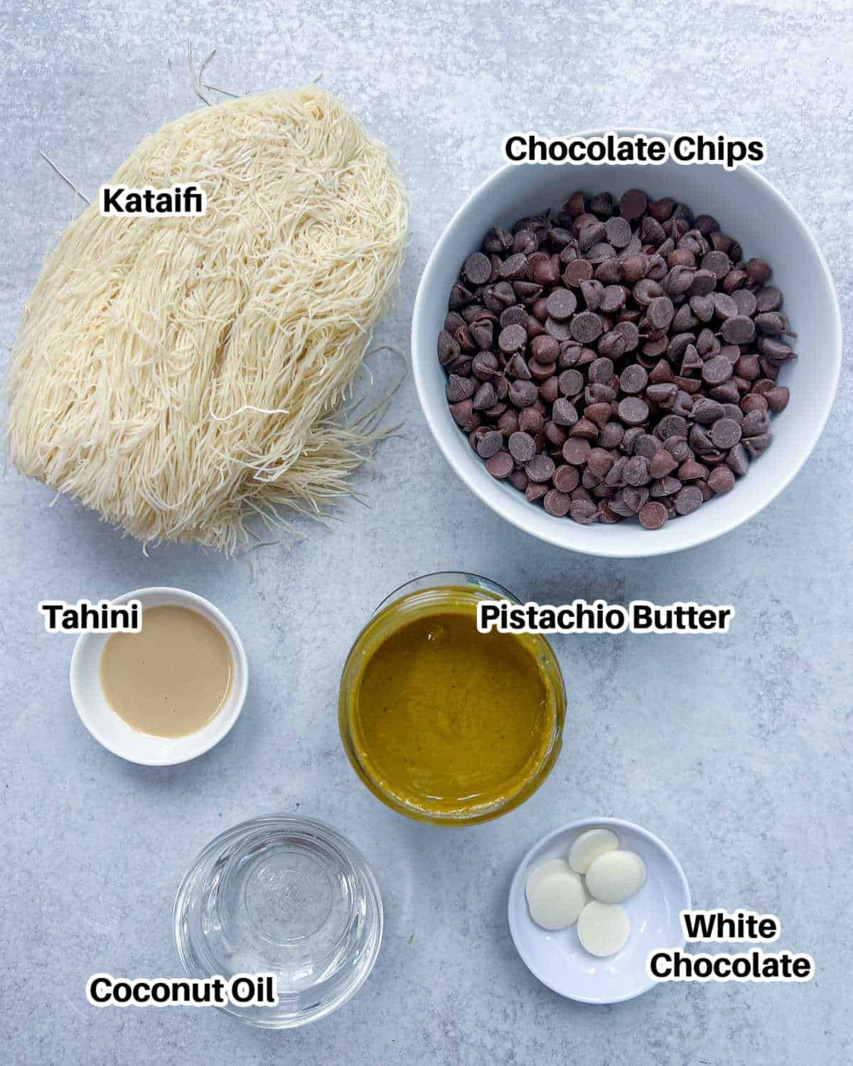 Ingredients to make Dubai chocolate bar.