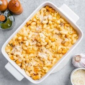 A white dish with mac and cheese made with added roasted butternut squash.