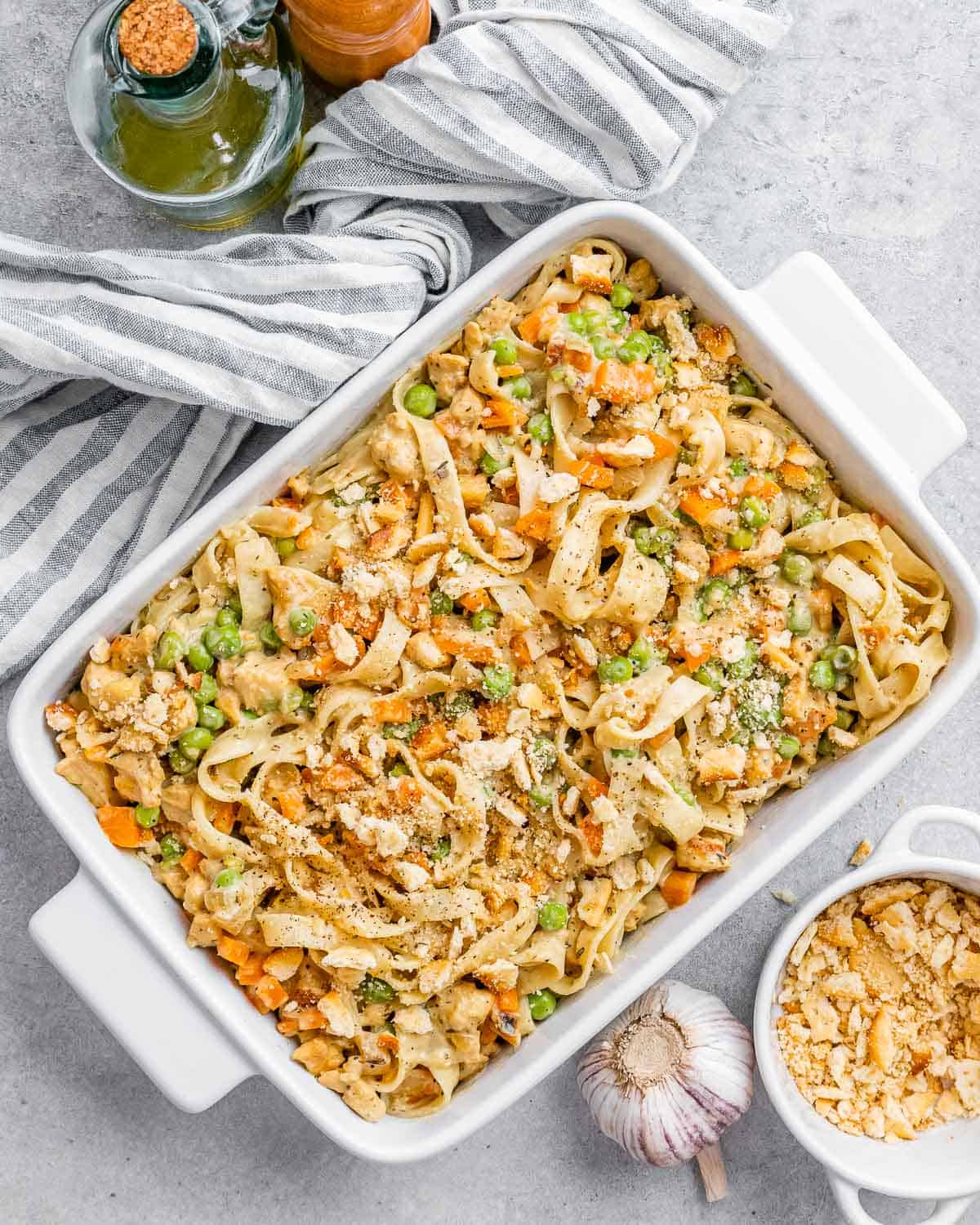 Overhead shot of the casserole turned slightly on an angle, ready to serve.