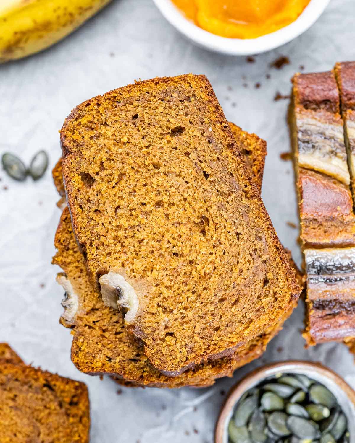 stacks of banana pumpkin bread slices.