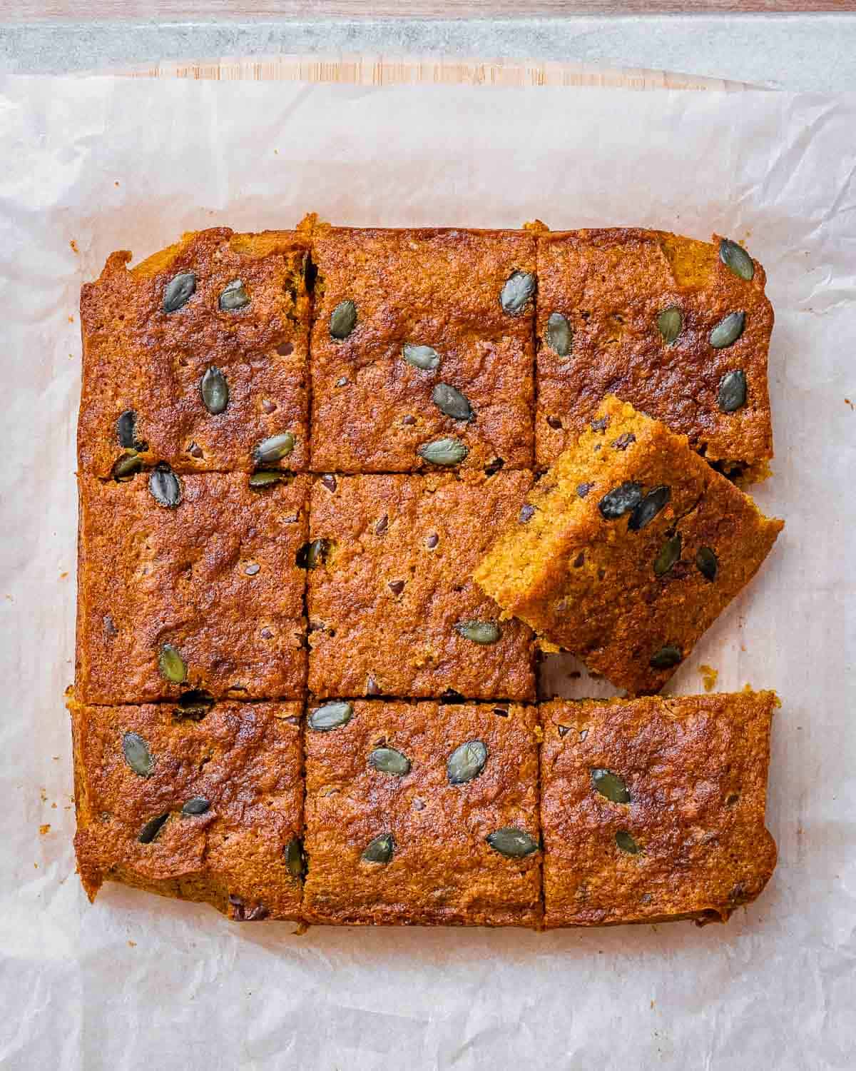 Pumpkin cake cut into squares.