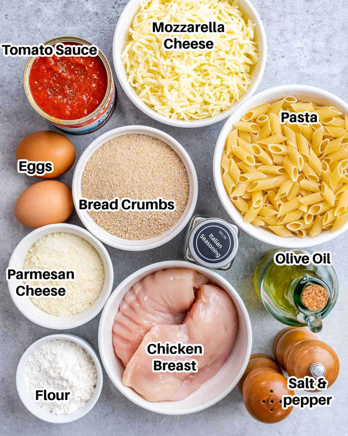 ingredients for chicken parmesan casserole laid out.