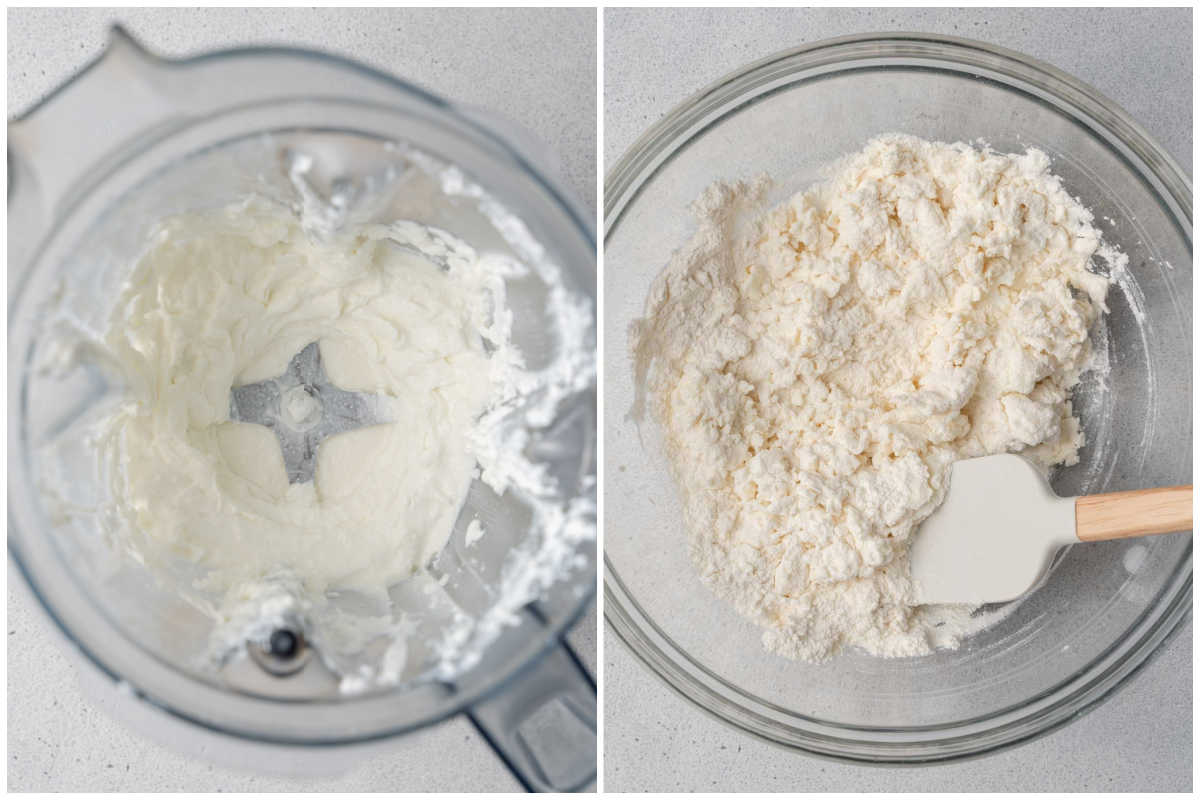 process shot of blending cottage cheese and adding it to a bowl with flour.