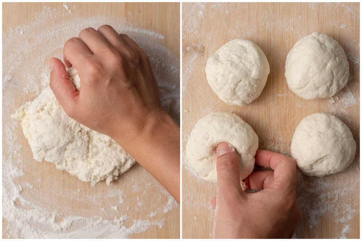 kneading the dough and dividing it into 4 parts.