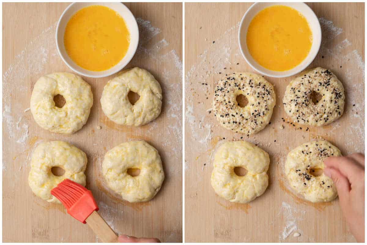 adding egg wash to bagels and topping with everything bagel seasoning.