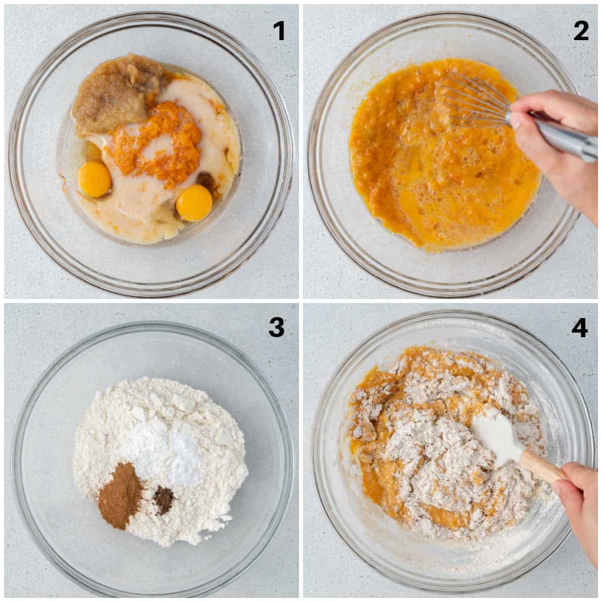 process of mixing the batter to make sweet potato muffins in a bowl.