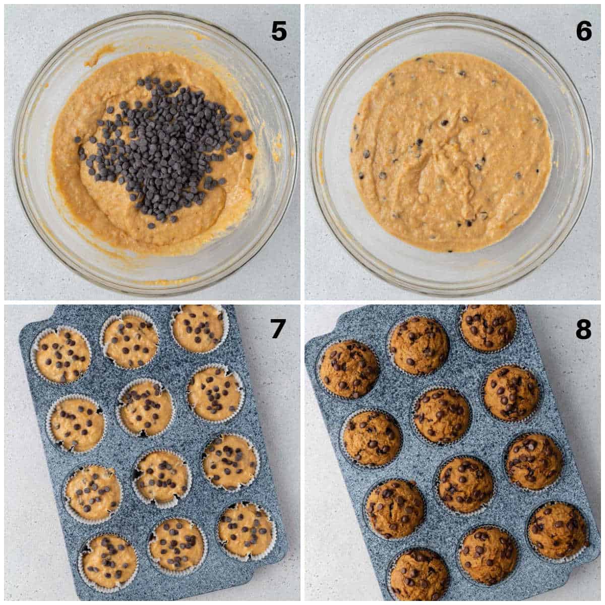 process of adding chocolate chips to the batter and adding it to the muffin pan.