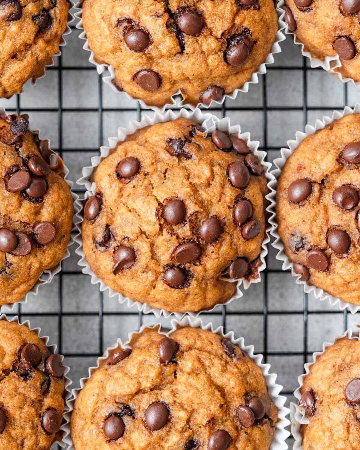 muffins made with sweet potato and chocolate chips on a wire wrack.