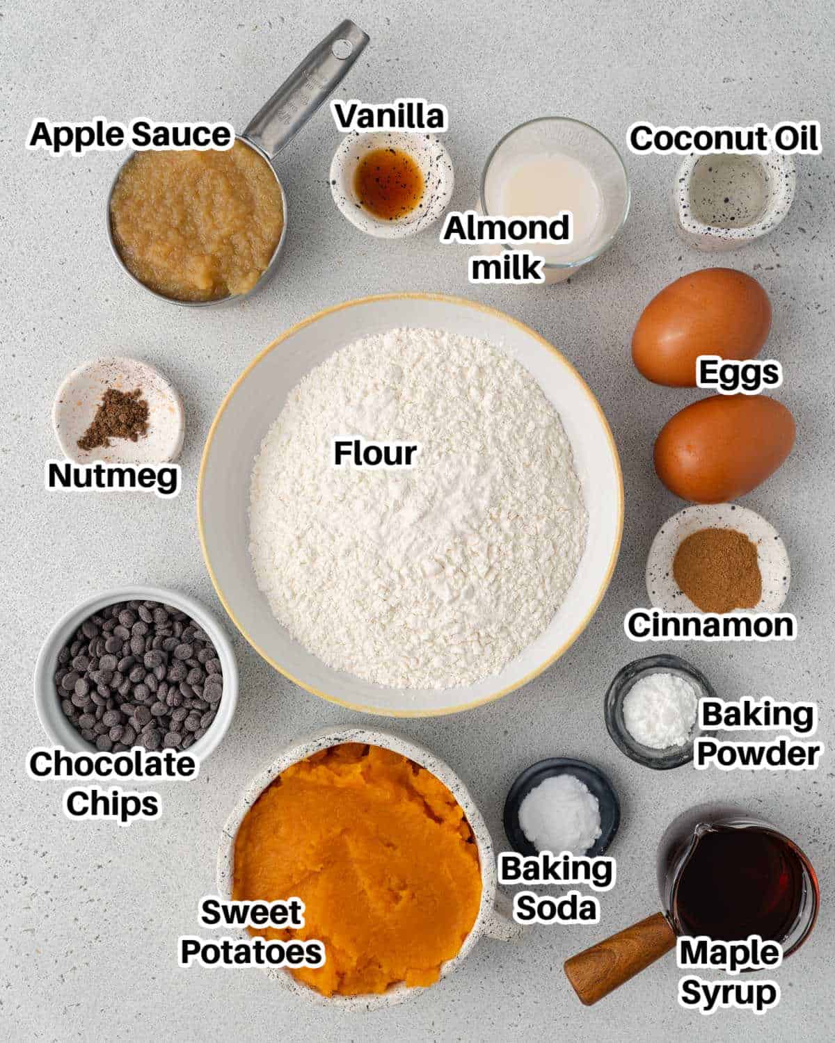 ingredients to make sweet potato muffins laid out.