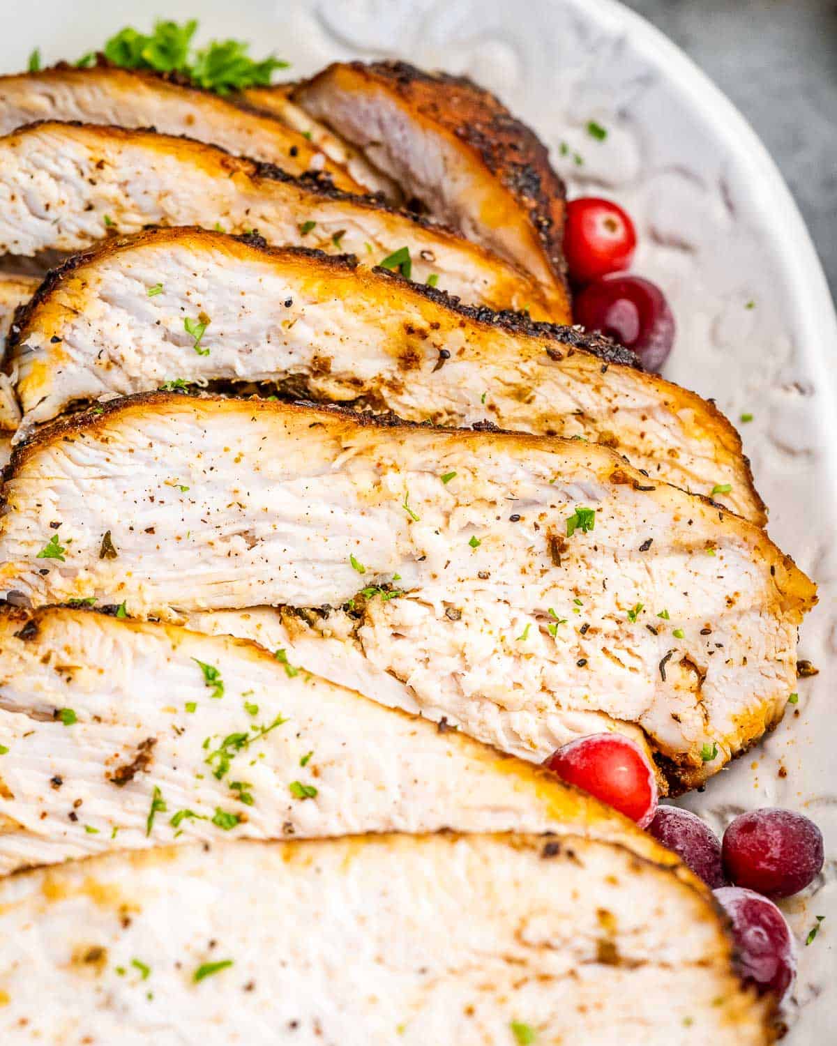 Cooked slices of turkey breast on a plate.