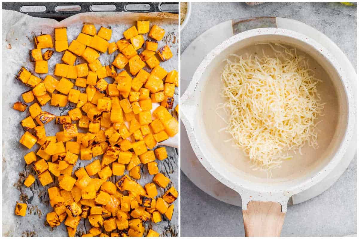 process shot of roasting the butternut squash and making the cheese sauce.