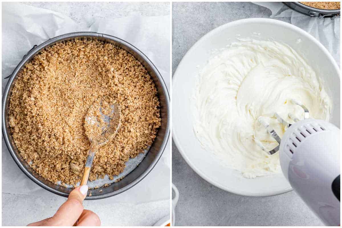 process shot to make the crust for the cheesecake and adding to a pan and then whip the cheese with a hand mixer.