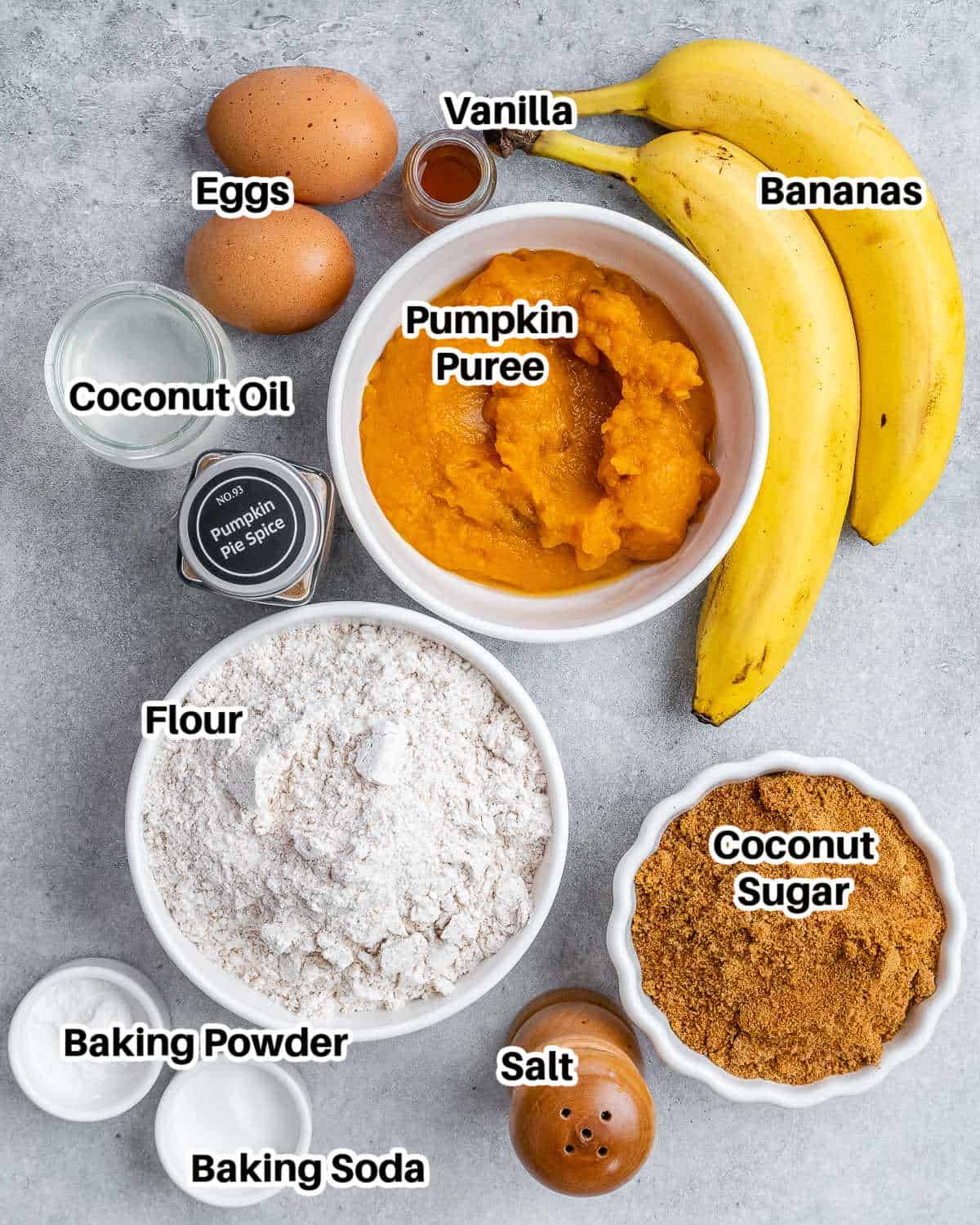 ingredients to make banana pumpkin bread.