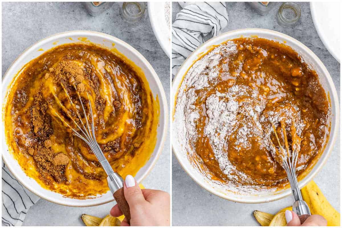 process shot to make the pumpkin batter and mixing with the flour.