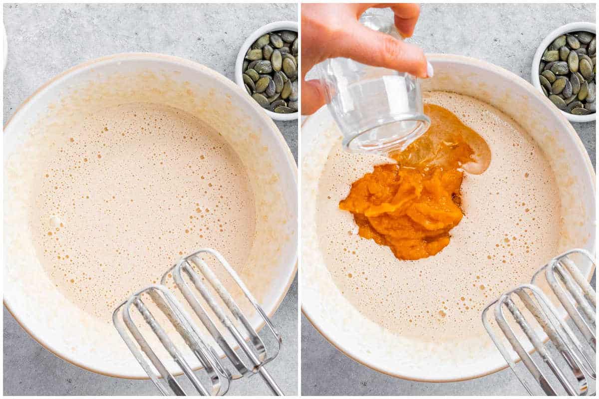 process shot to whisk the egg, sugar, and pumpkin in a bowl to make pumpkin cake.