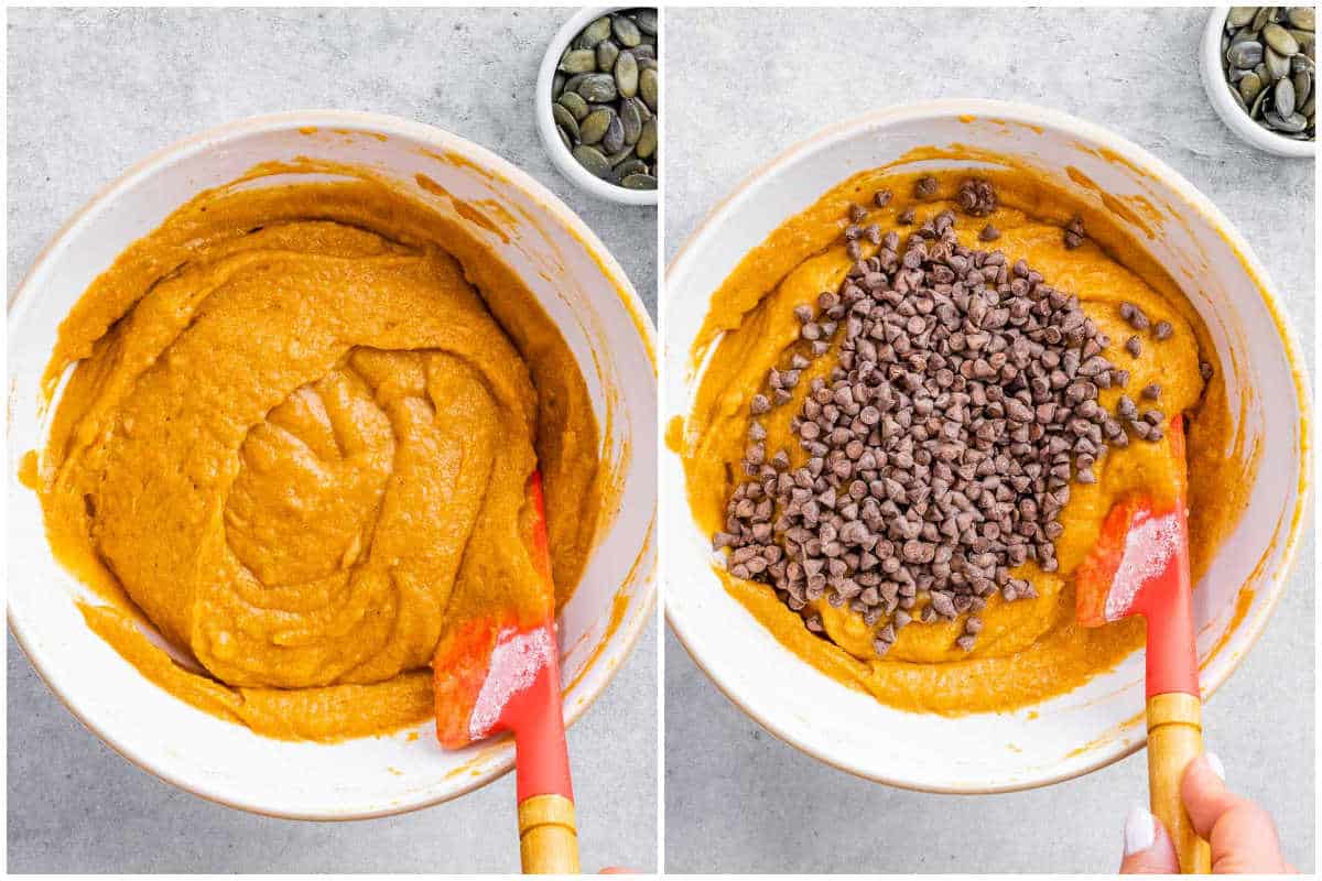 process shot to make the batter for pumpkin cake and add chocolate chips.