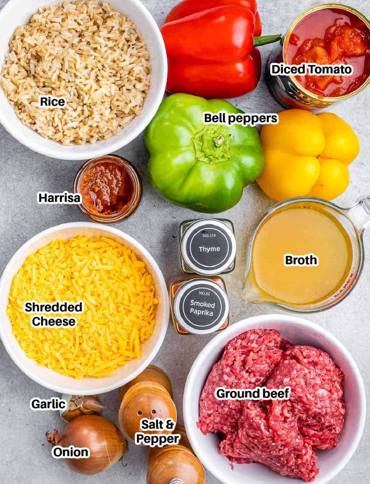 ingredients to make stuffed pepper casserole.