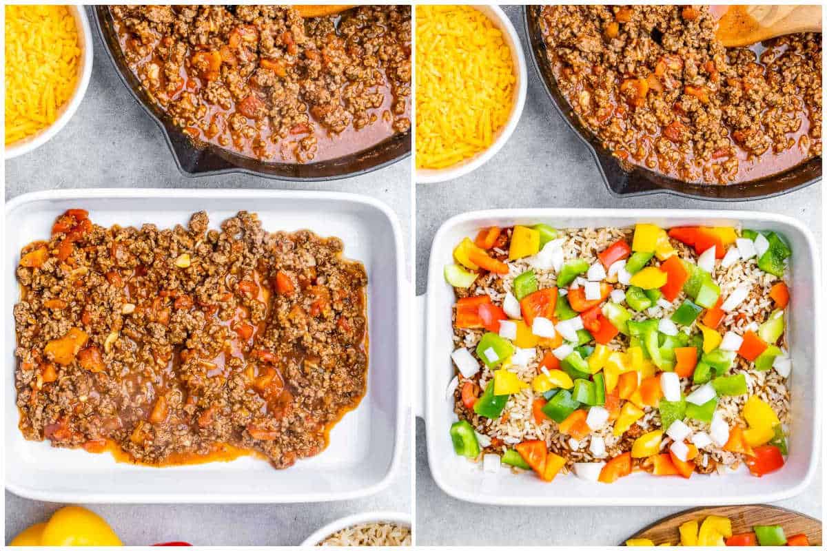 process shot of adding the stuffed beef mixture in a dish and then adding the chopped veggies over the meat sauce.
