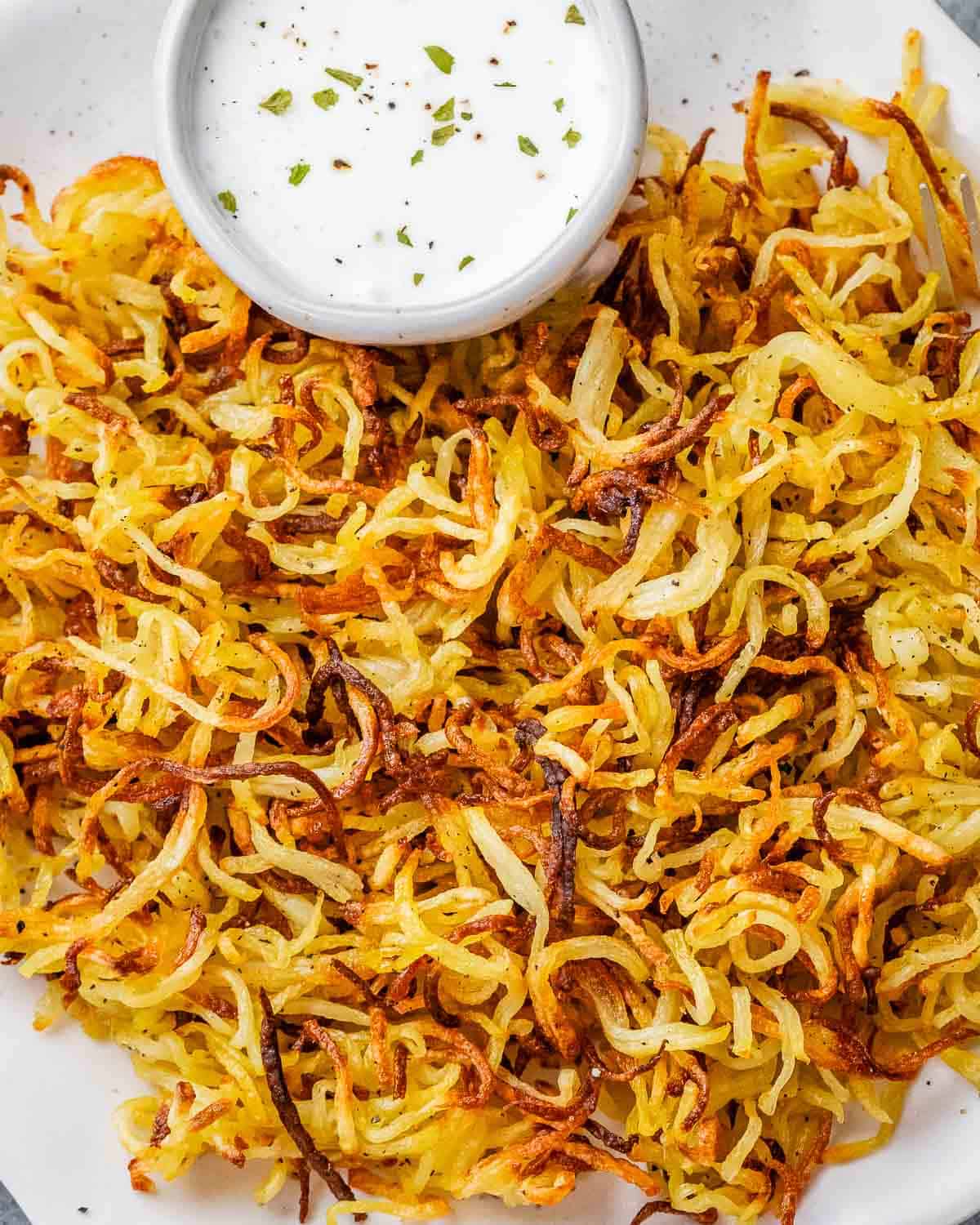 A plate of hash browns with a small bowl of creamy dip.