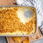 a dish with cheesy hash brown casserole.