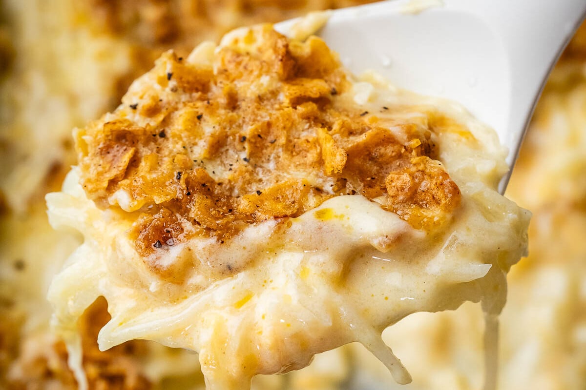 a spoonful of hash brown casserole.