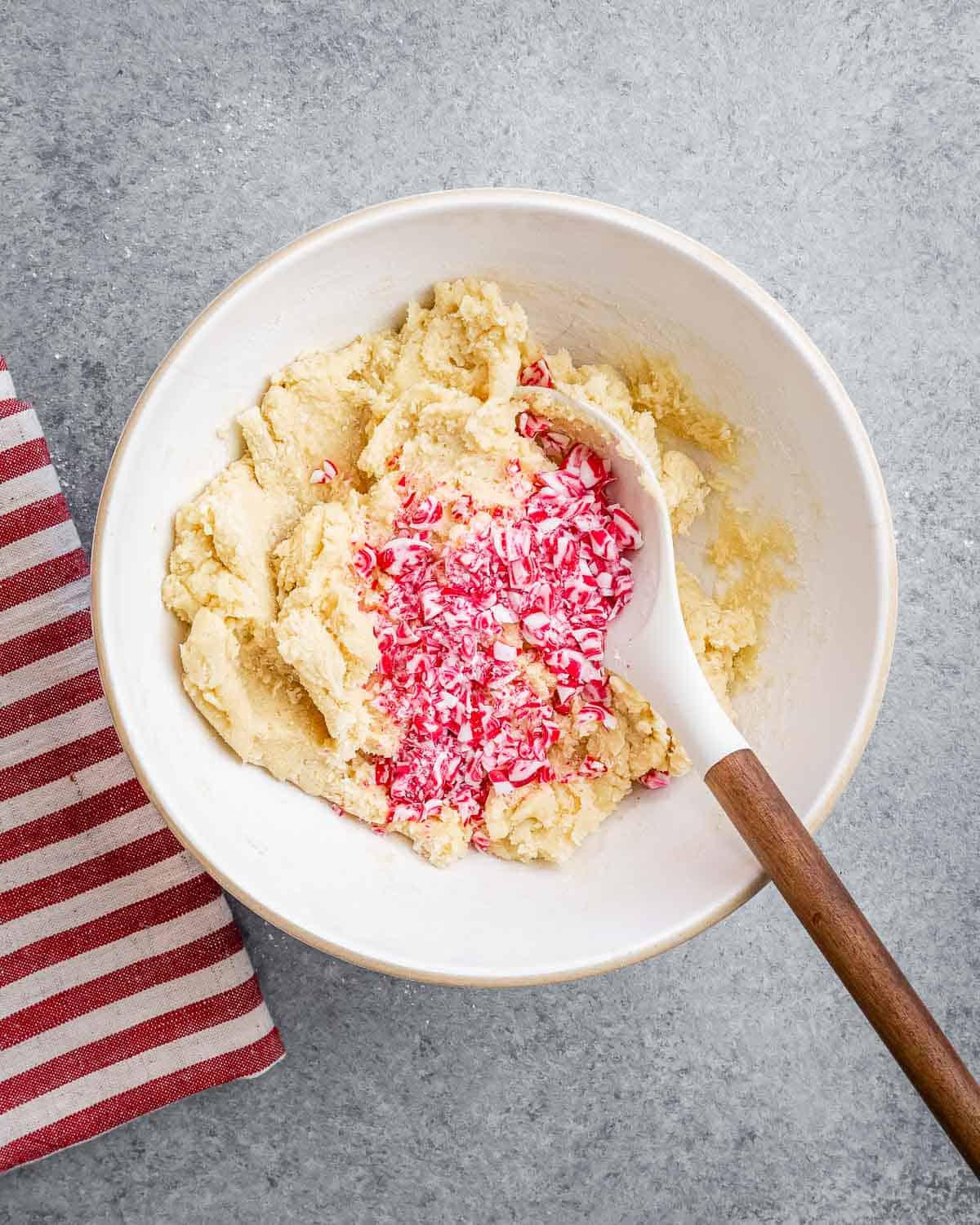 crushed candy cane peppermint added to a sugar cookie dough.