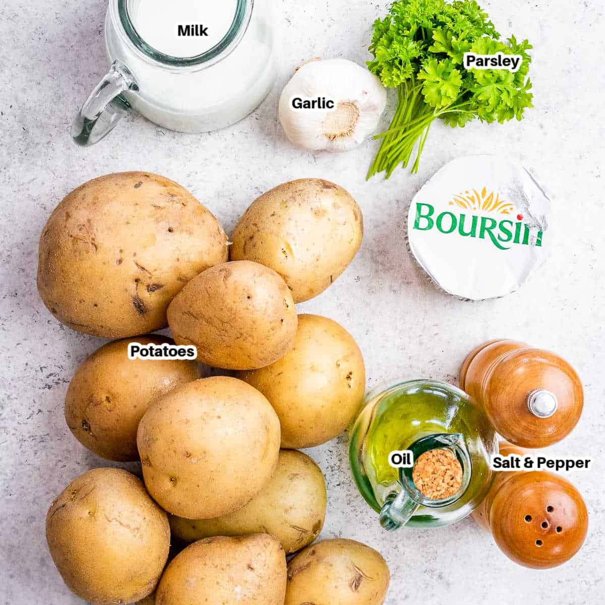 Ingredients for Boursin mashed potatoes.