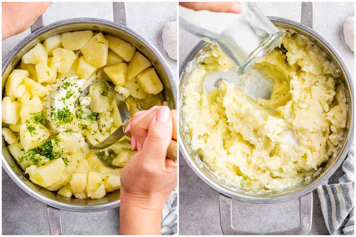process shot to mash the potatoes in the pot with the cheese and then add milk over it to mix again.