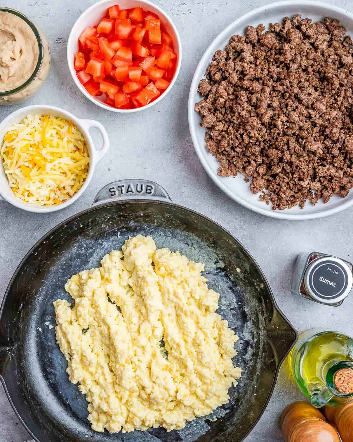 Prepped ingredients for making breakfast burritos. 