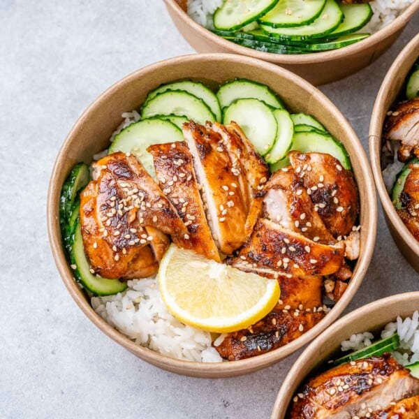 A round bowl with sliced chicken and cucumber is served with white rice.