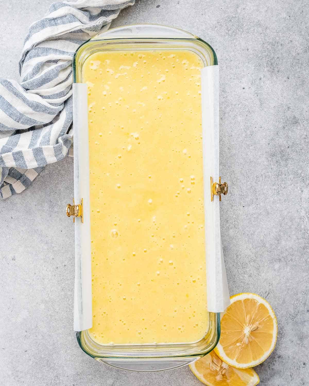 lemon cake batter added to pan.