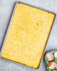 A sheet pan of eggs.