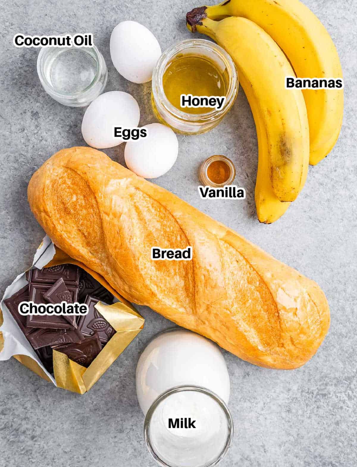 Ingredients to make banana bread pudding.