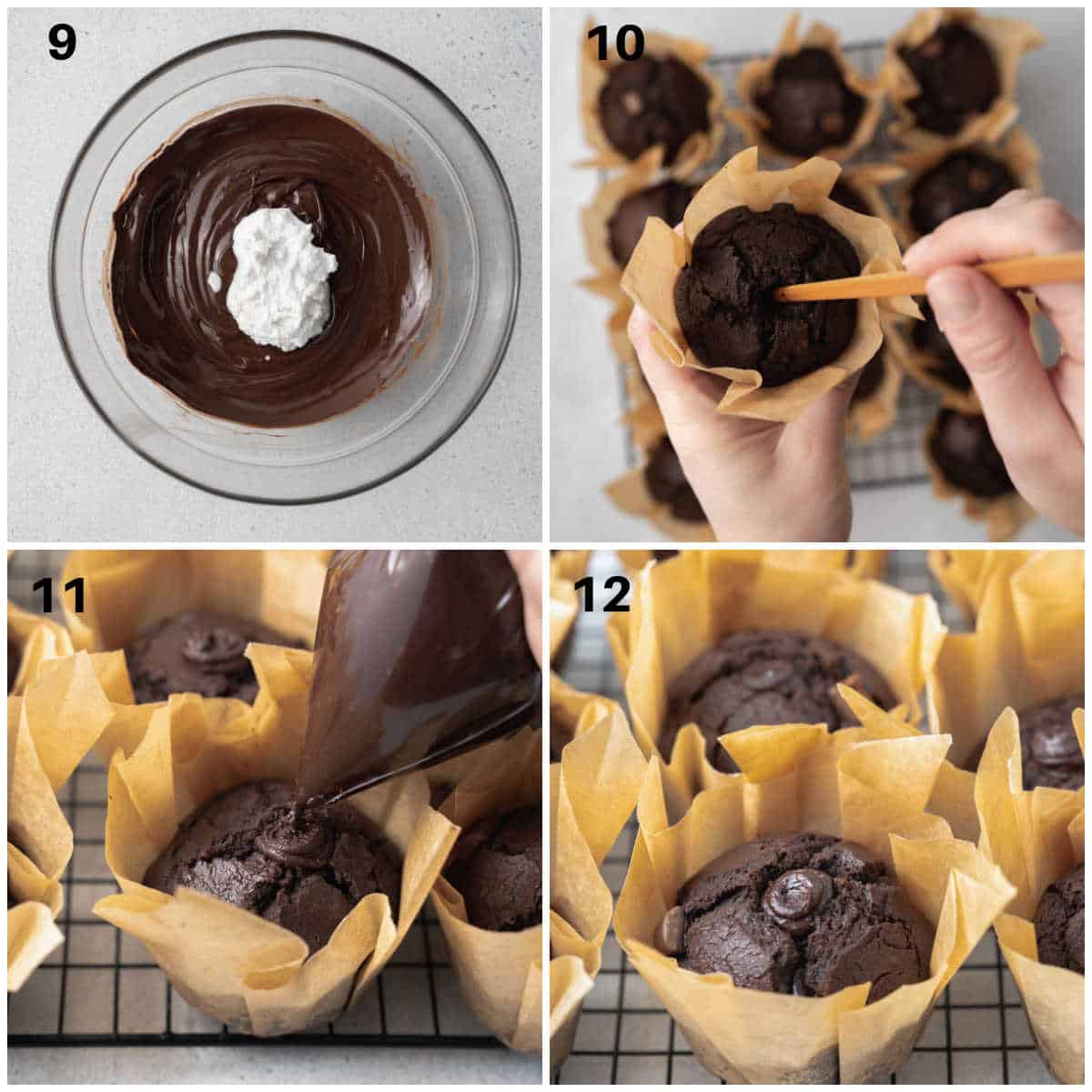 process of making ganache and adding it to muffins.