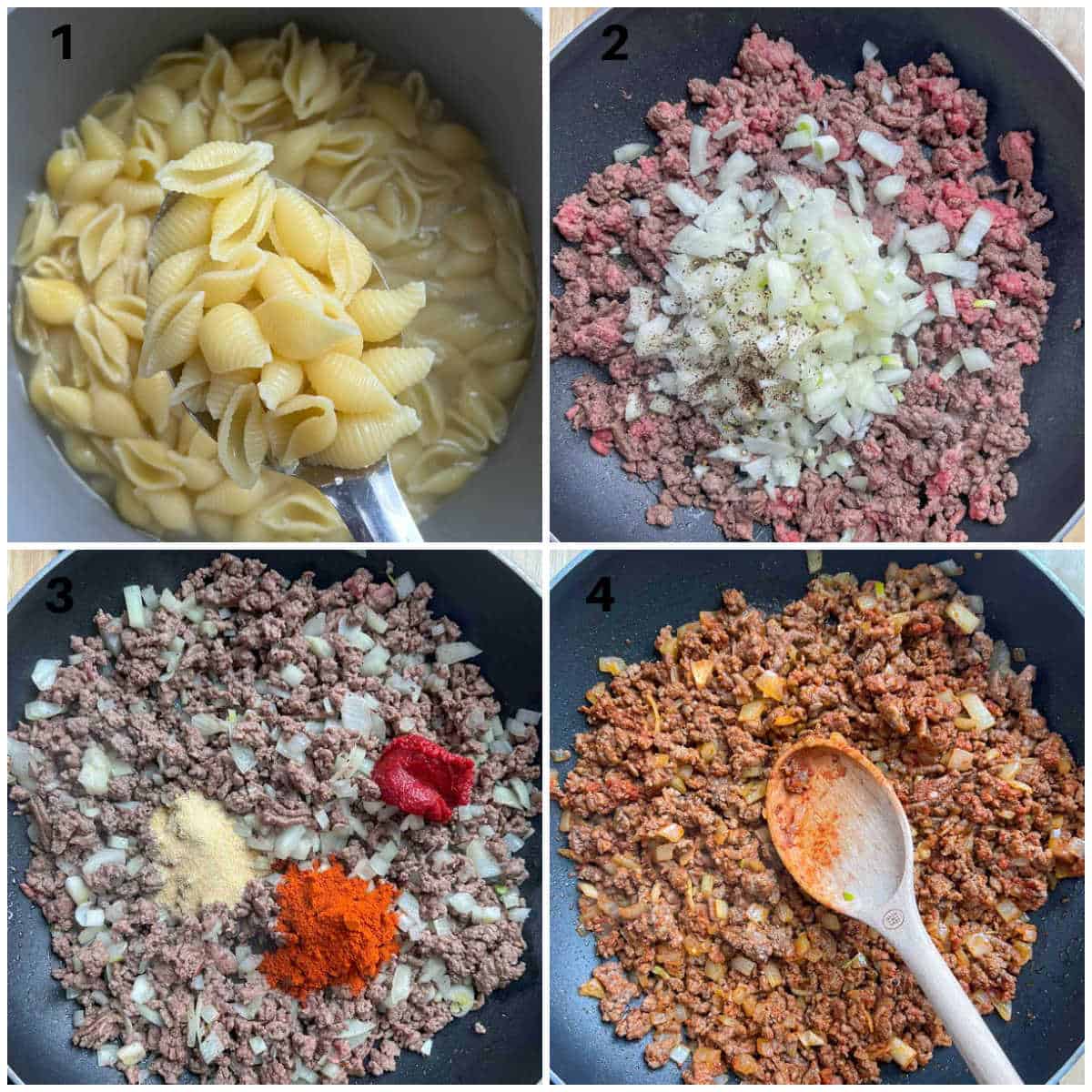 process of cooking pasta and making the meat sauce for Turkish pasta.