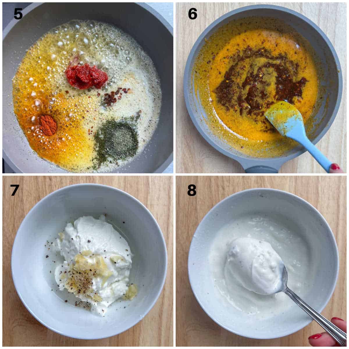 steps to make the butter sauce and garlic yogurt sauce.