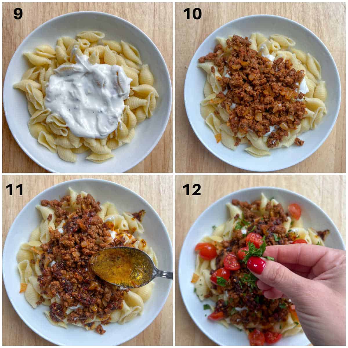 Process shots showing how to assemble the pasta dish.