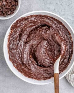 batter mixed with cocoa powder to make chocolate brownie batter.