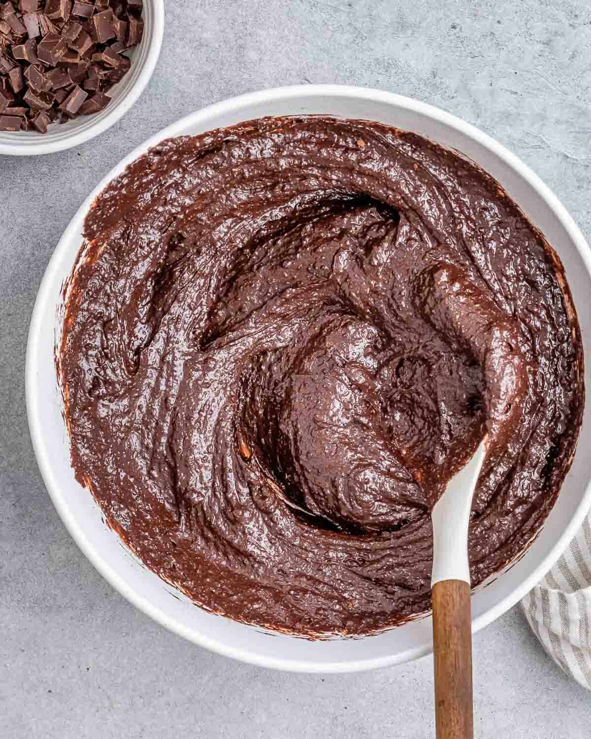 batter mixed with cocoa powder to make chocolate brownie batter.