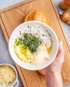 a bowl with all the garlic sauce ingredients.