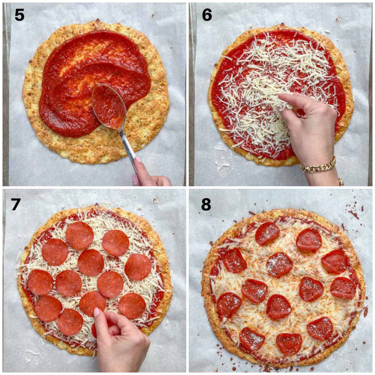 Collage showing the process of adding pizza sauce, shredded cheese, and pepperoni to pizza. 