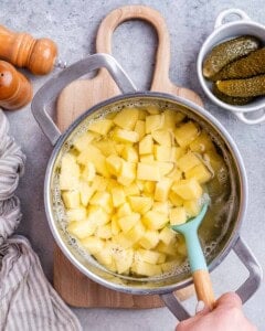 Boiled potatoes in a pot.