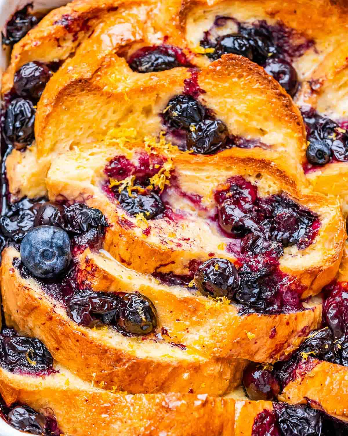 French toast baked in a casserole with blueberries.