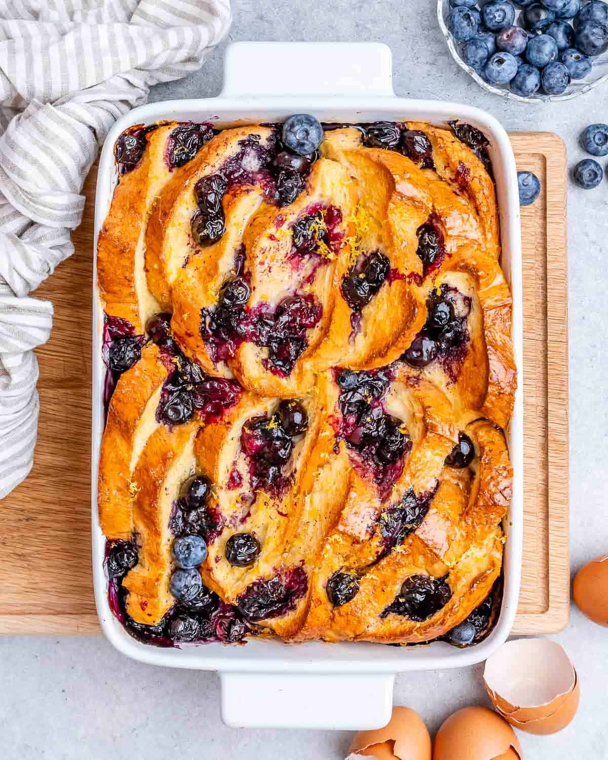 French toast baked in a casserole with blueberries.